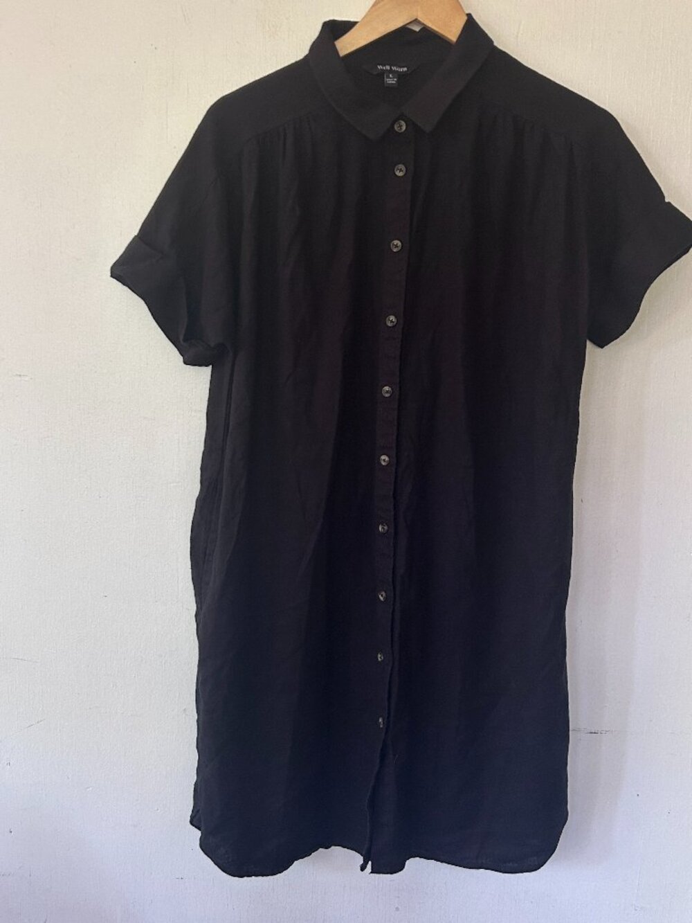 Well Worn Linen Blend Shirt Dress Large Pockets Button Front Neutral Minimalist